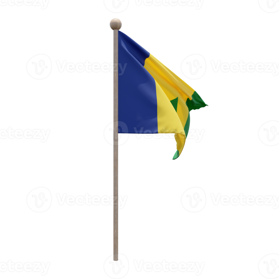 Saint Vincent and the Grenadines 3d illustration flag on pole. Wood flagpole png