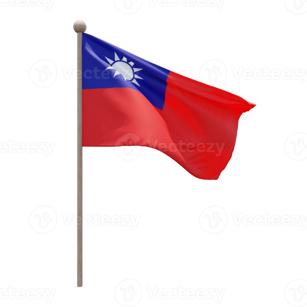 Taiwan Republic of China 3d illustration flag on pole. Wood flagpole png