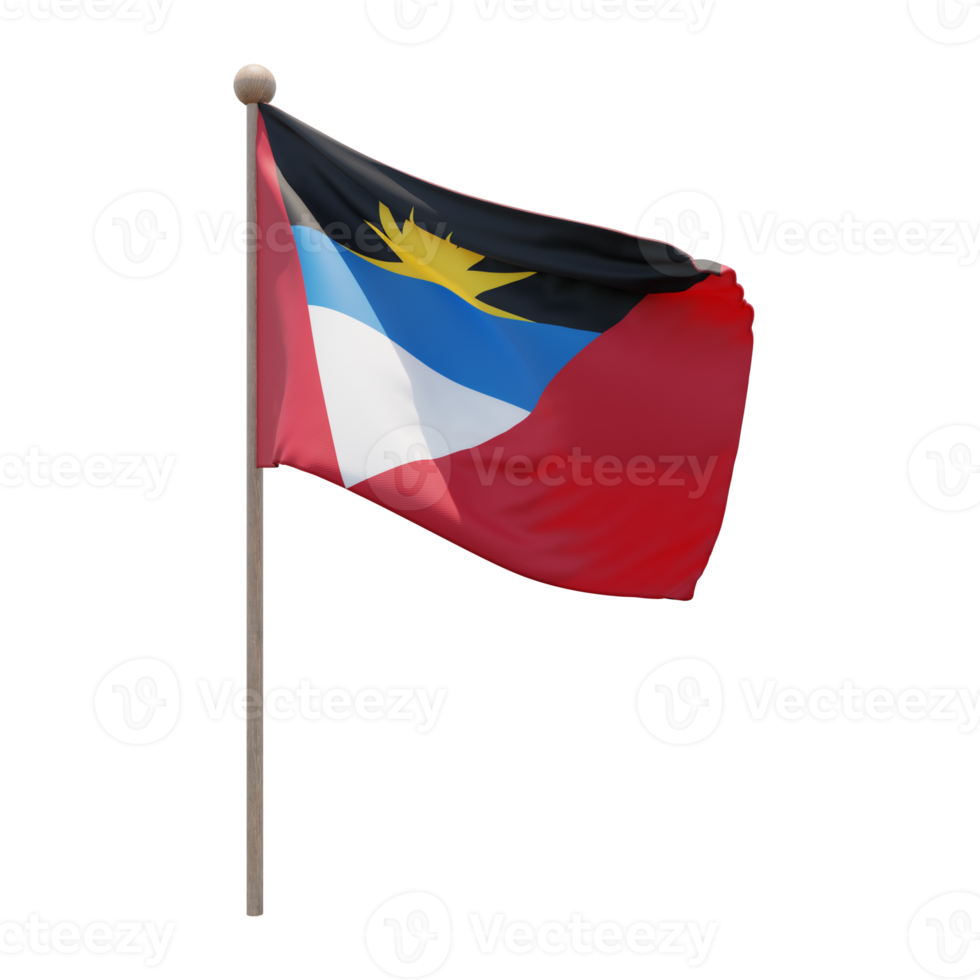Antigua and Barbuda 3d illustration flag on pole. Wood flagpole png