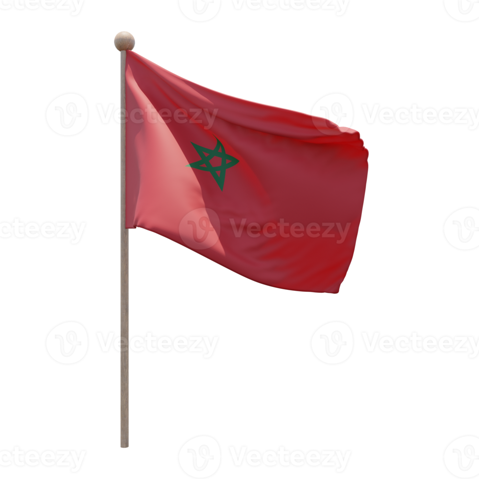 Morocco 3d illustration flag on pole. Wood flagpole png