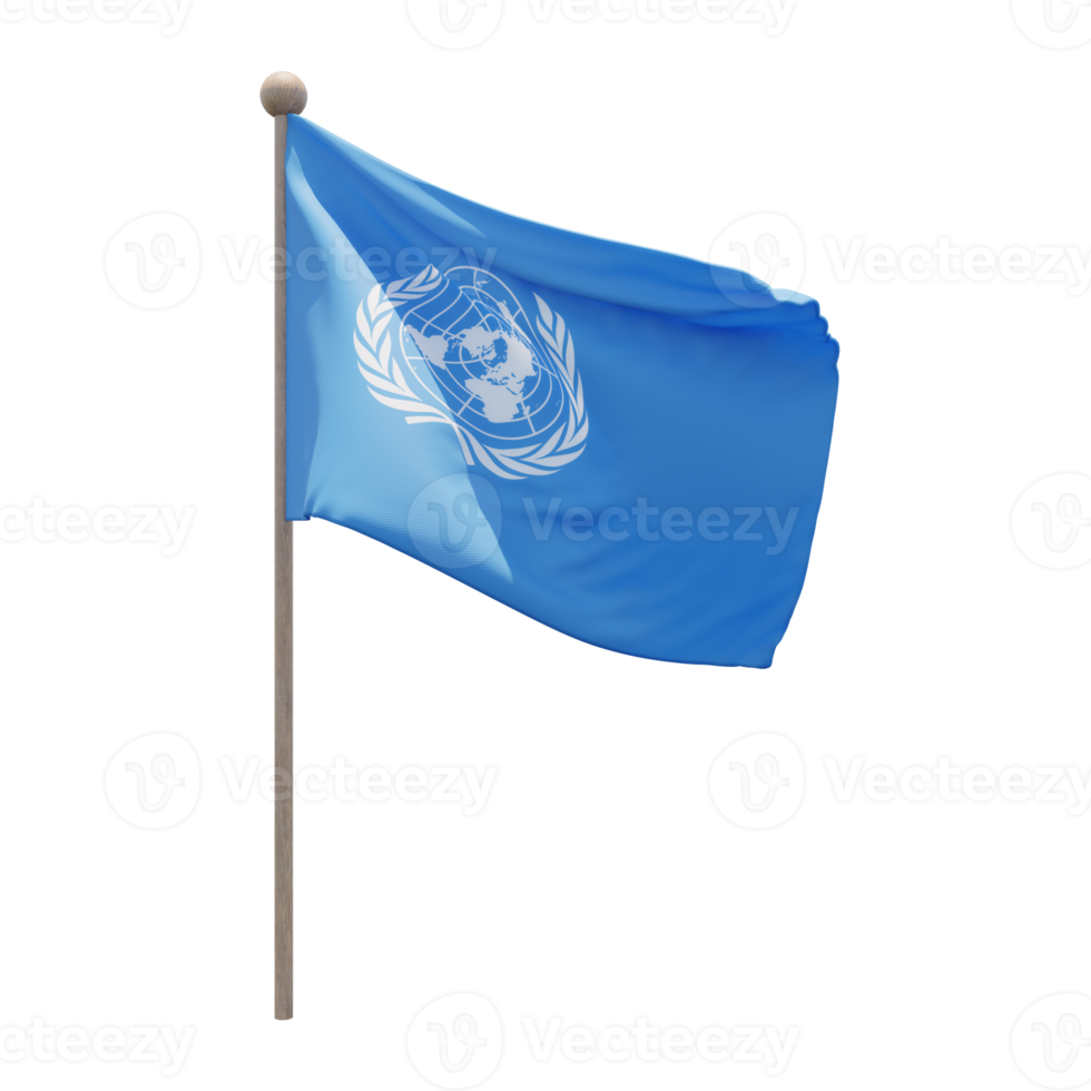 United Nations 3d illustration flag on pole. Wood flagpole png