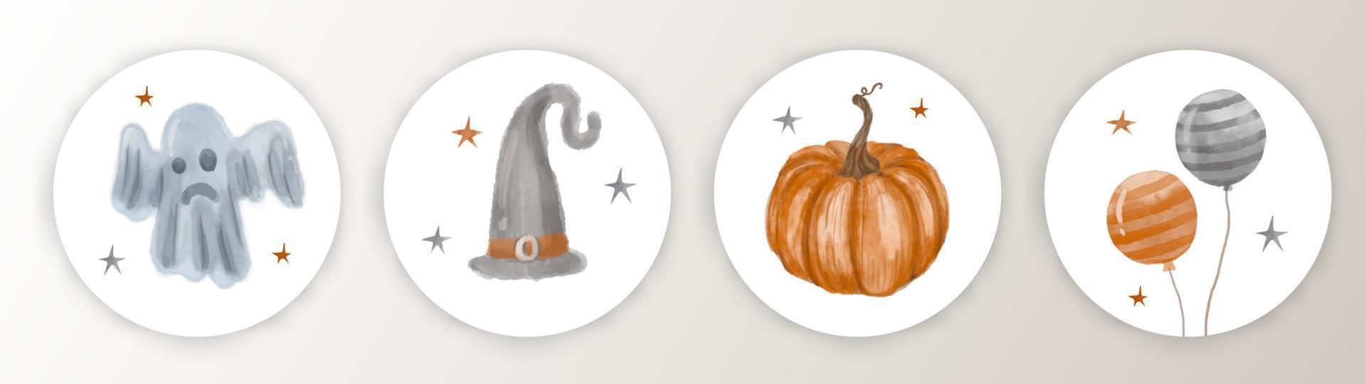 divertidas etiquetas de barra de caramelo de halloween dibujadas a mano con acuarela. linda caricatura de halloween. estilo infantil. calabaza, globo, sombrero y pequeño fantasma. vector