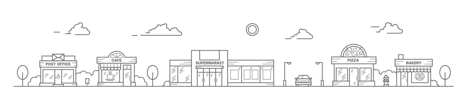 horizonte de la ciudad en estilo de arte lineal. paisaje con casas adosadas de panadería, supermercado, cafetería y oficina de correos. panorama horizontal de la calle. ilustración vectorial vector