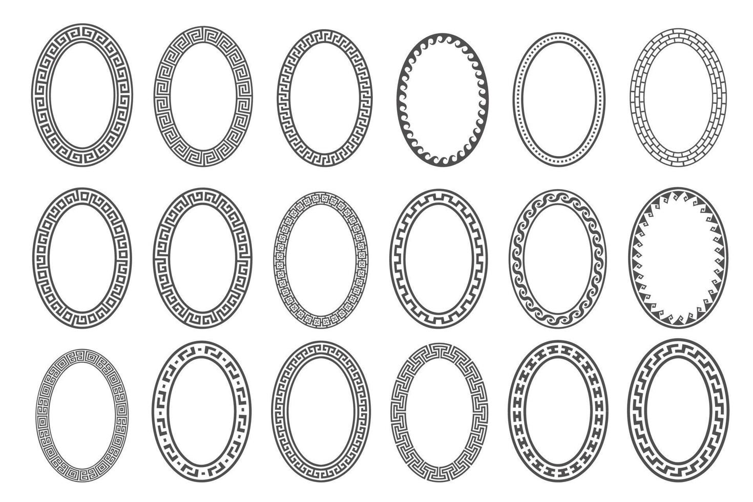 Greek key oval frame set. Circle borders with meander ornaments. Ellipse ancient designs. Vector