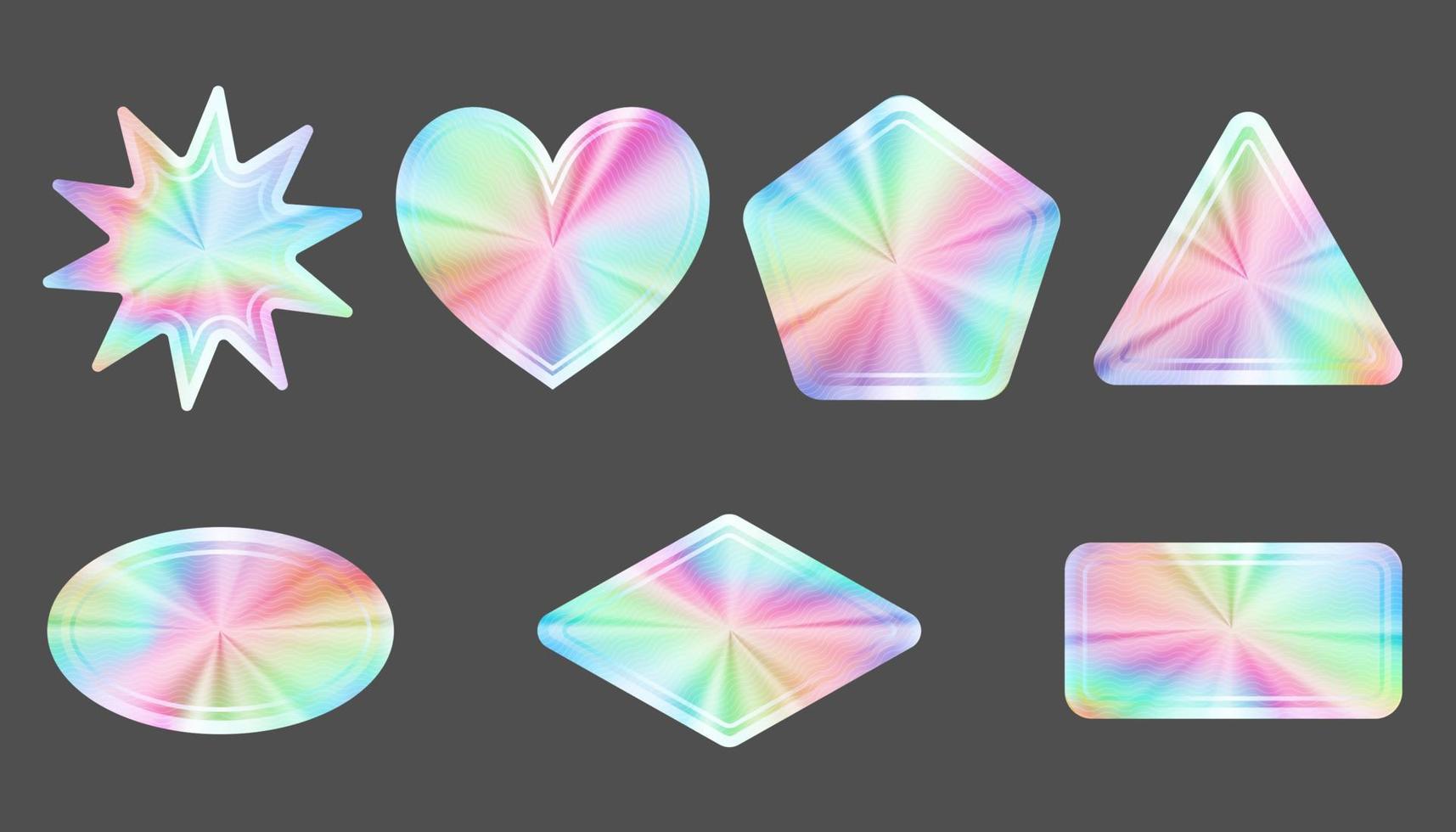 juego de pegatinas holográficas. sellos de gradiente de etiqueta plateada. insignias de textura de metal. lámina de arco iris iridiscente en diferentes formas geométricas. emblemas de neón vectorial. vector