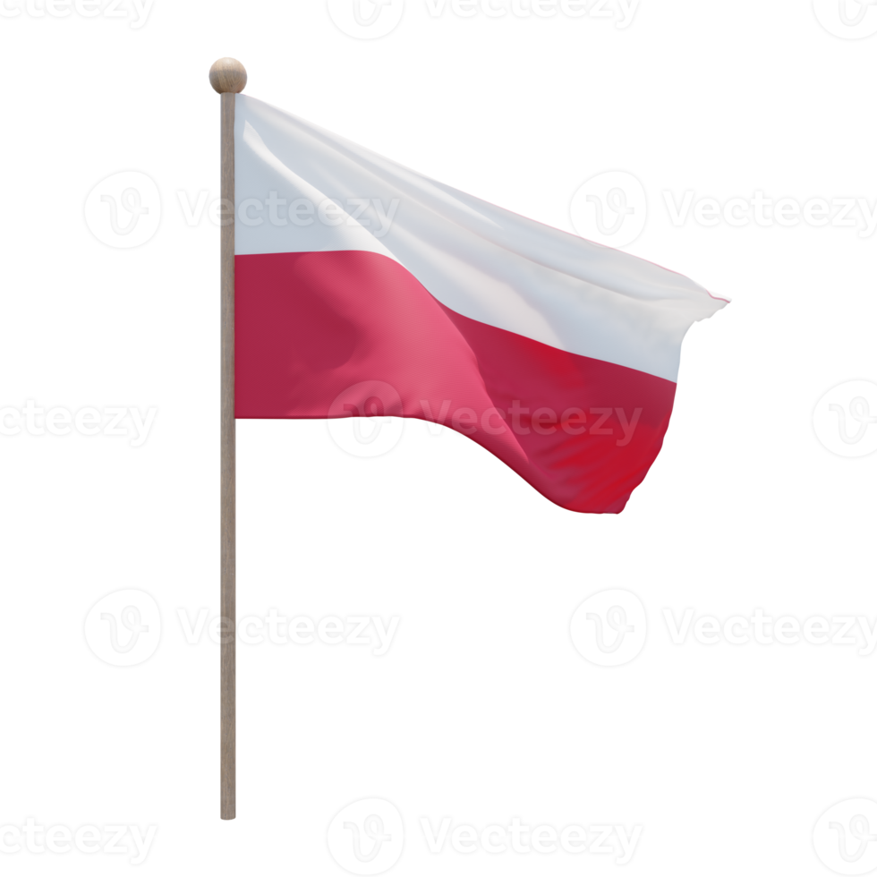 Poland 3d illustration flag on pole. Wood flagpole png