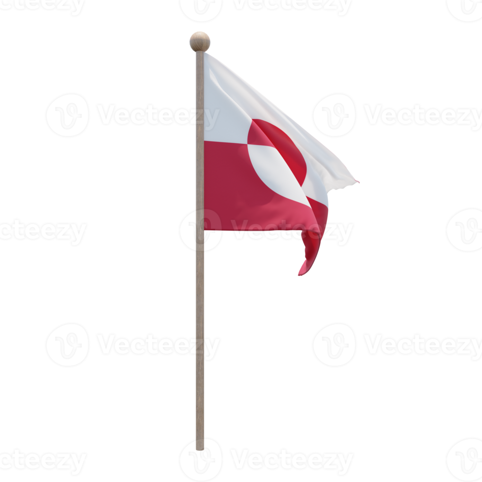 Greenland 3d illustration flag on pole. Wood flagpole png