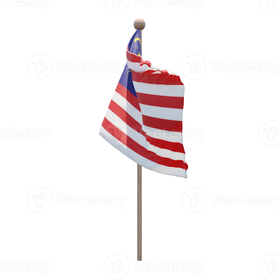 Malaysia 3d illustration flag on pole. Wood flagpole png