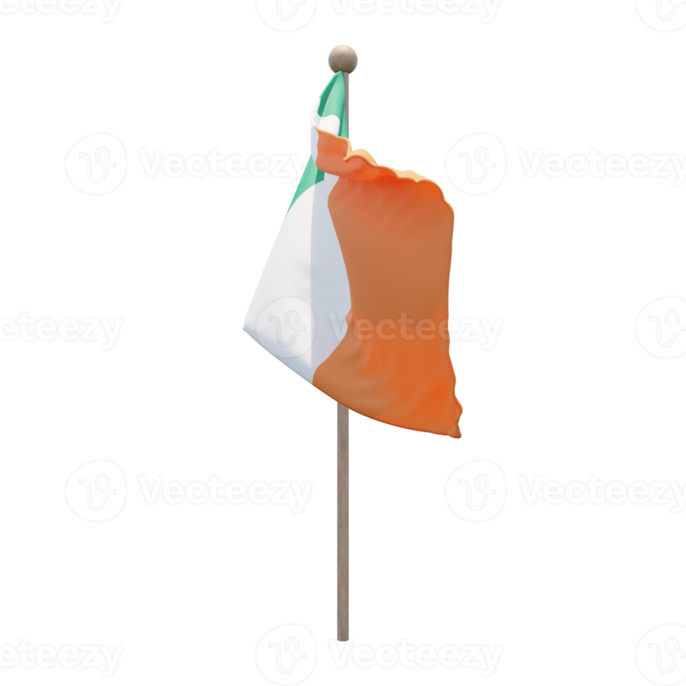 Irland 3D-Darstellung Flagge auf der Stange. Fahnenmast aus Holz png