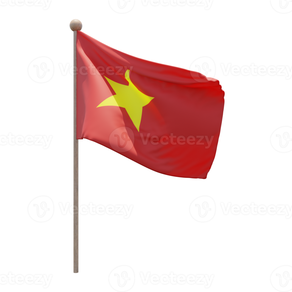 Vietnam 3d illustration flag on pole. Wood flagpole png