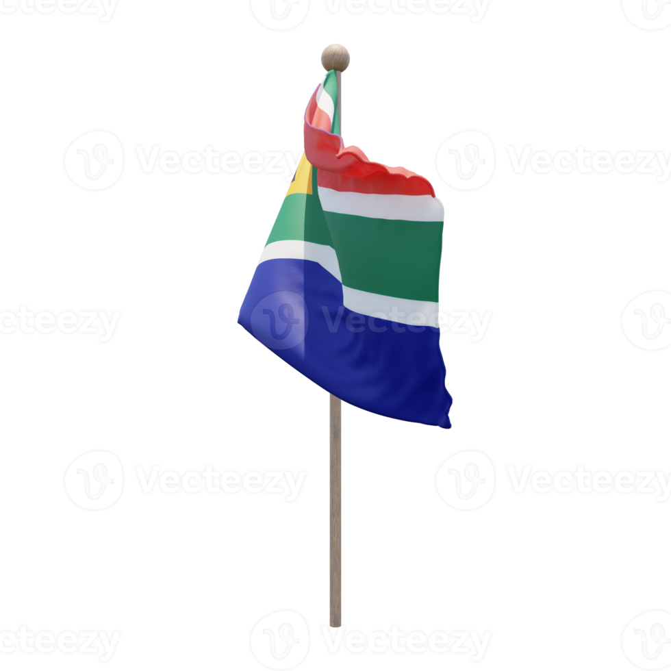 South Africa 3d illustration flag on pole. Wood flagpole png