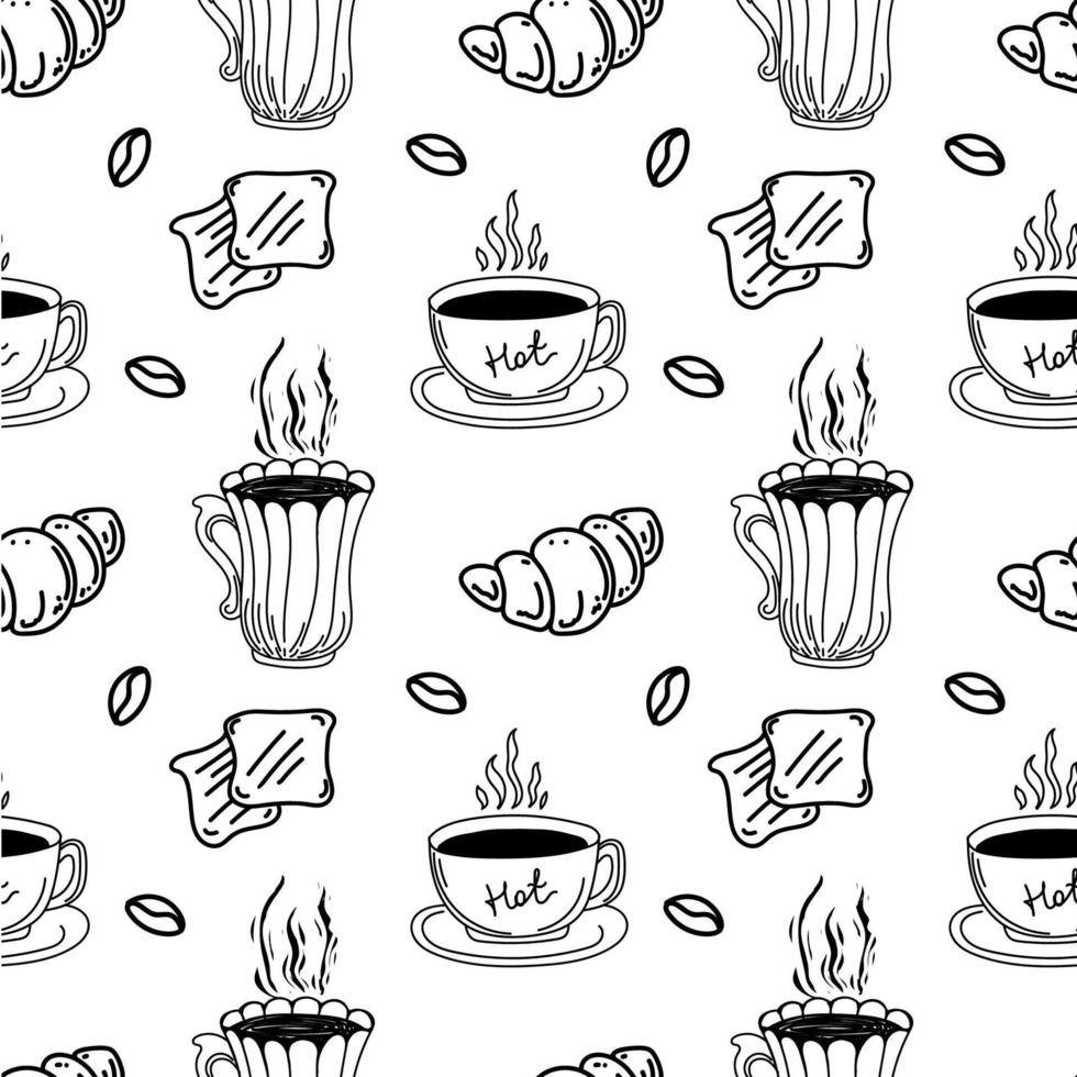 A seamless pattern of coffee cups, croissants, toast and coffee beans, hand-drawn doodle elements. Hand-drawn inscriptions. Turkish coffee. Morning breakfast vector
