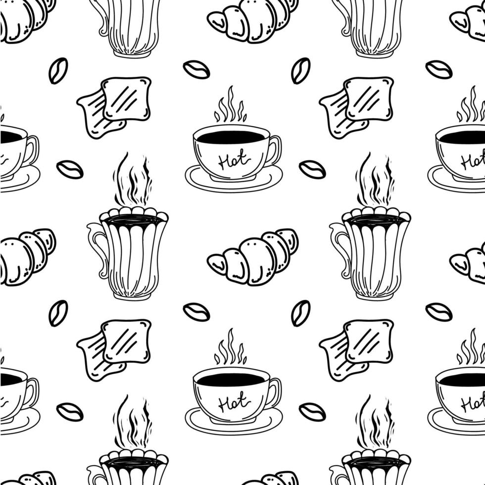 A seamless pattern of coffee cups, croissants, toast and coffee beans, hand-drawn doodle elements. Hand-drawn inscriptions. Turkish coffee. Morning breakfast vector