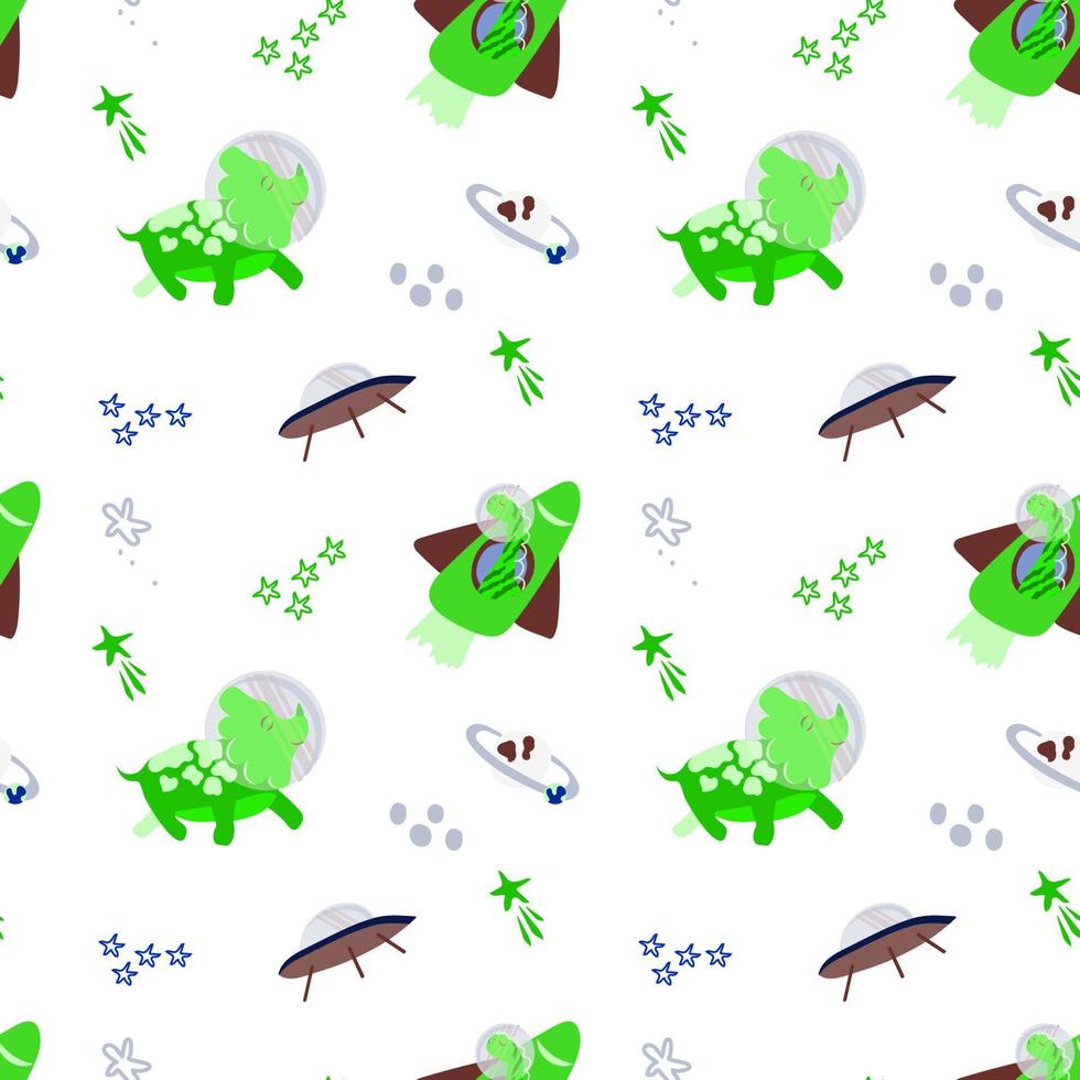 Seamless pattern of cute dinosaur astronauts. Vector in cartoon style. Dinosaur astronaut with planets, comets and stars around. Can be used for greeting cards, children's fashion, textiles, fabrics