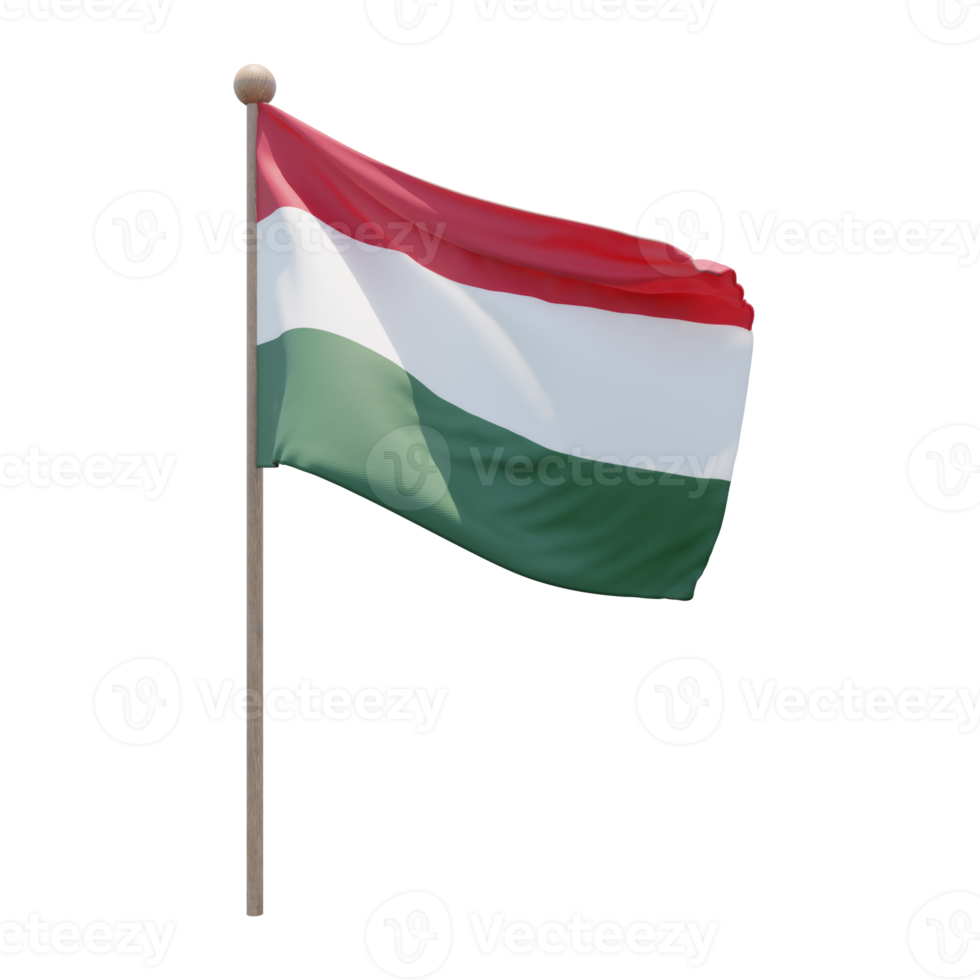 Hungary 3d illustration flag on pole. Wood flagpole png