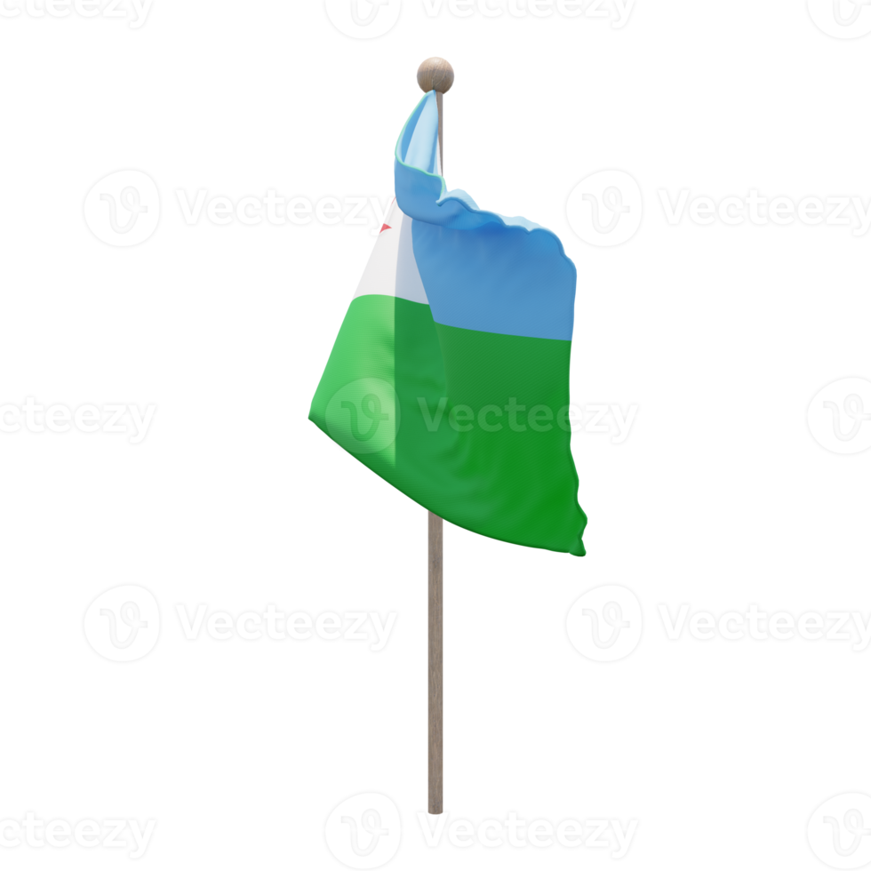 Djibouti 3d illustration flag on pole. Wood flagpole png