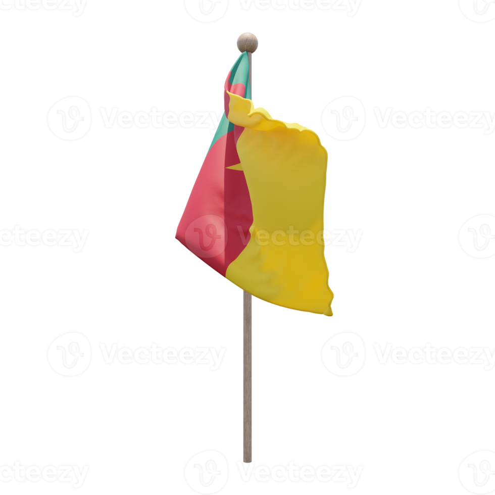 Cameroon 3d illustration flag on pole. Wood flagpole png