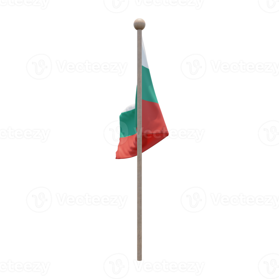 Bulgaria 3d illustration flag on pole. Wood flagpole png