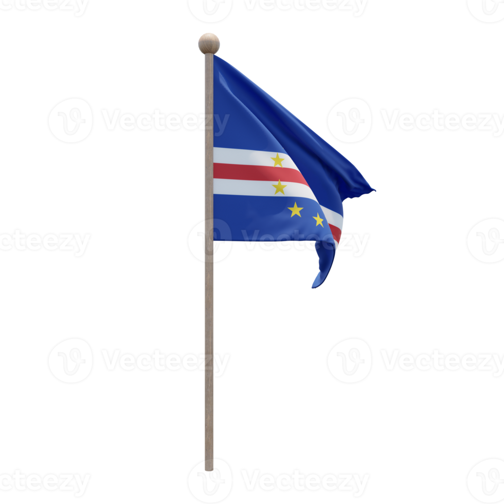 Cape Verde 3d illustration flag on pole. Wood flagpole png