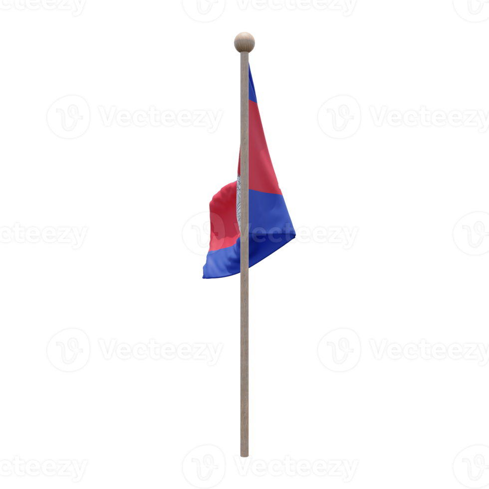 Cambodia 3d illustration flag on pole. Wood flagpole png