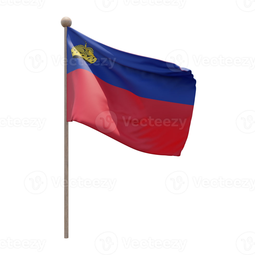 Liechtenstein 3d illustration flag on pole. Wood flagpole png