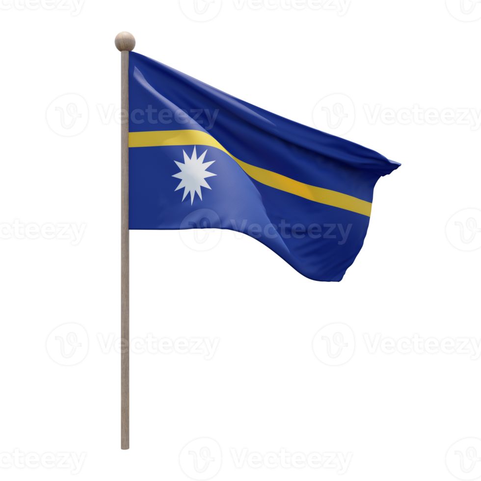 Nauru 3d illustration flag on pole. Wood flagpole png