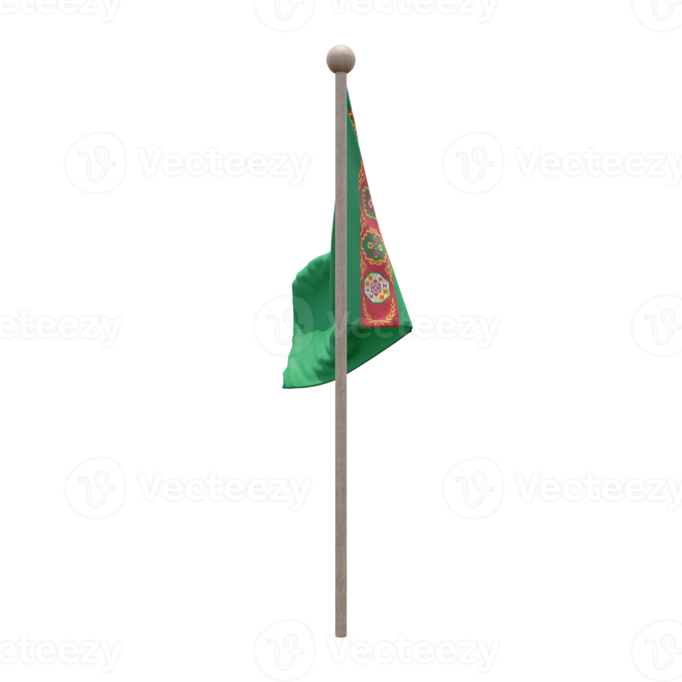 Turkmenistan 3d illustration flag on pole. Wood flagpole png