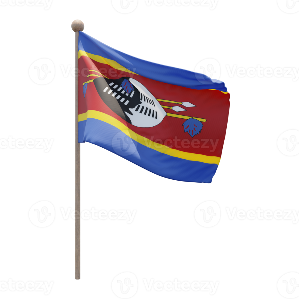 Eswatini 3d illustration flag on pole. Wood flagpole png