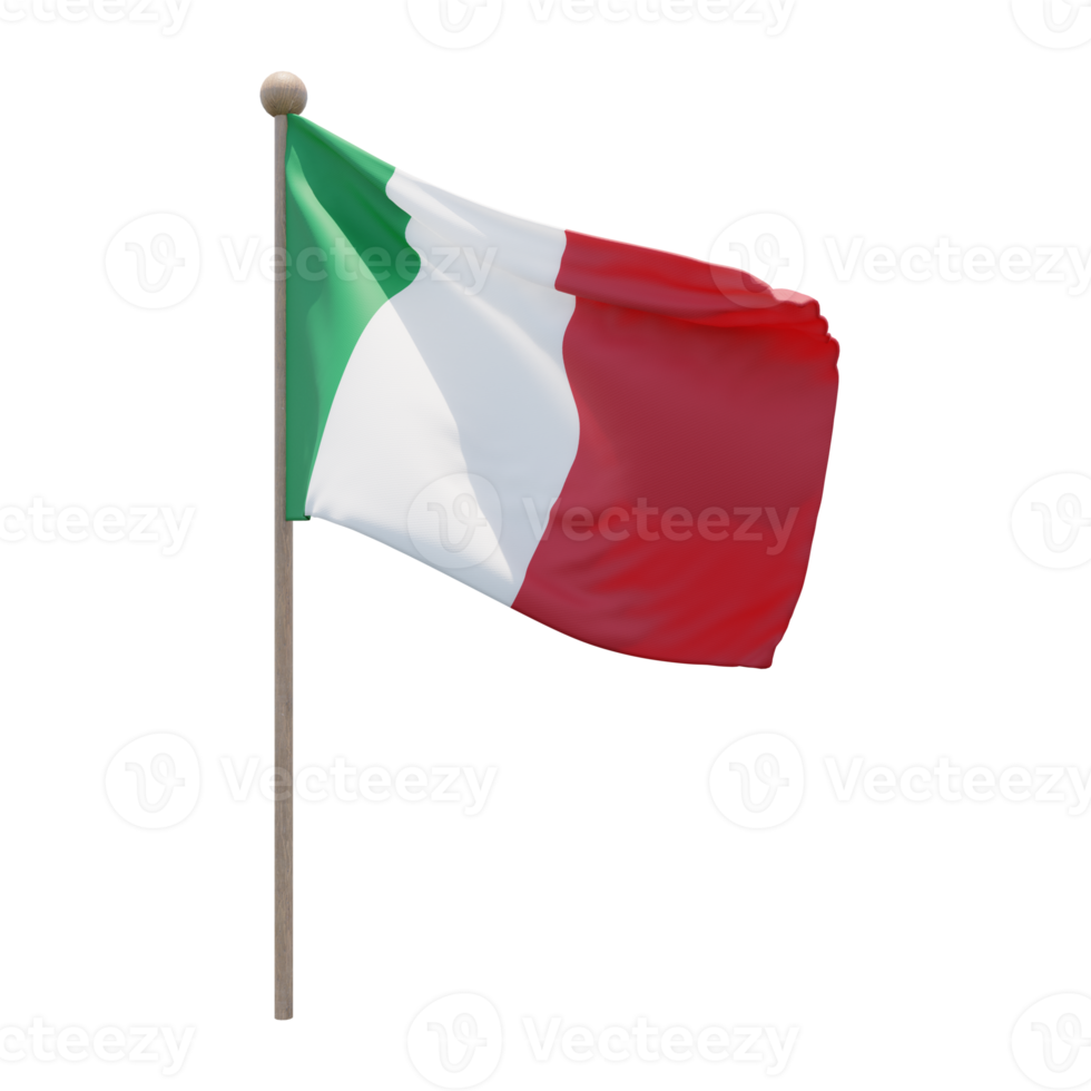 Italien 3D-Darstellung Flagge auf der Stange. Fahnenmast aus Holz png