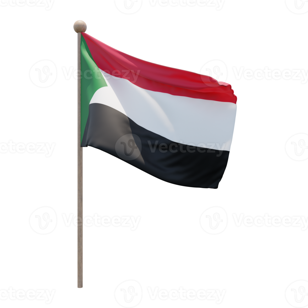 Sudan 3d illustration flag on pole. Wood flagpole png