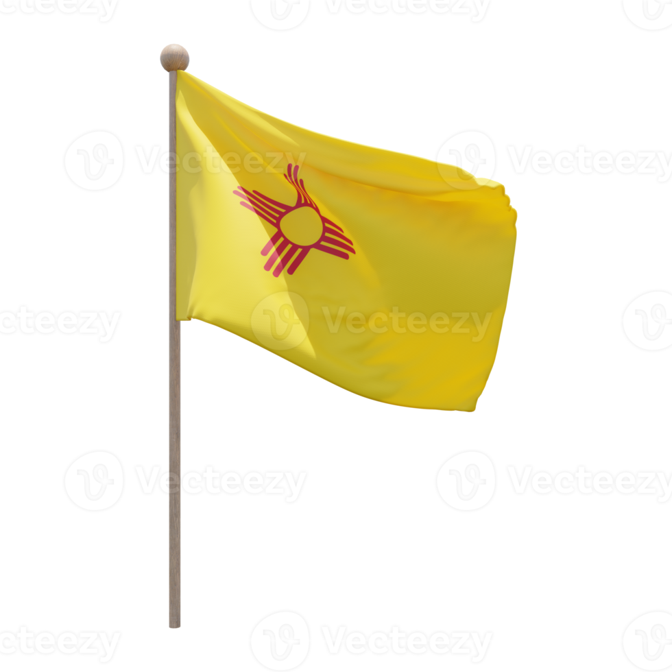 New Mexico 3D-Darstellung Flagge auf der Stange. Fahnenmast aus Holz png