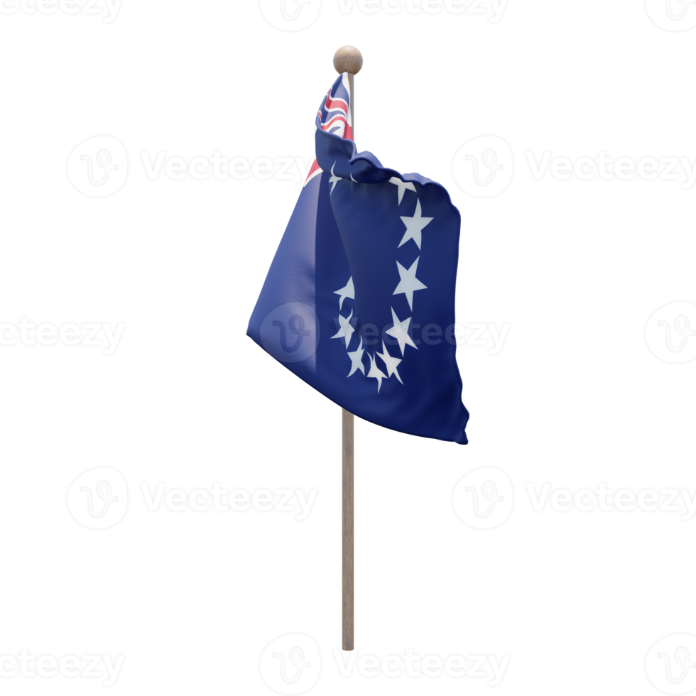 Cook Islands 3d illustration flag on pole. Wood flagpole png