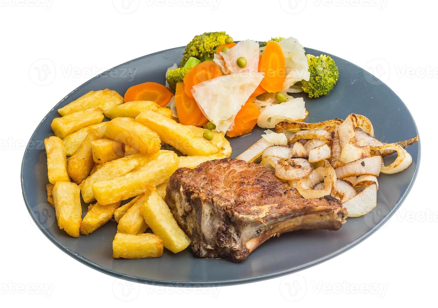 T-bone steak on the plate and white background photo