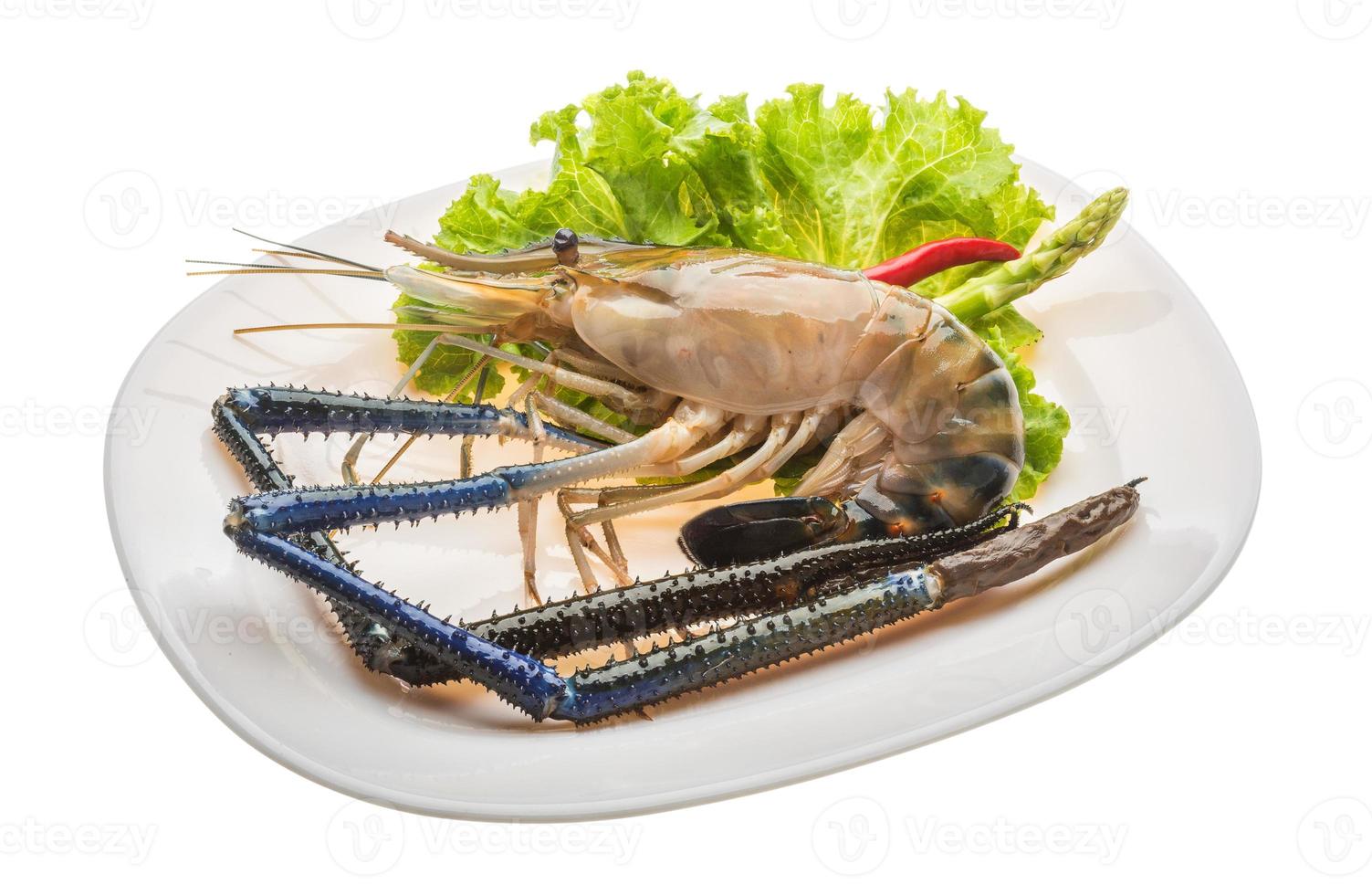 Freshwater prawn on the plate and white background photo