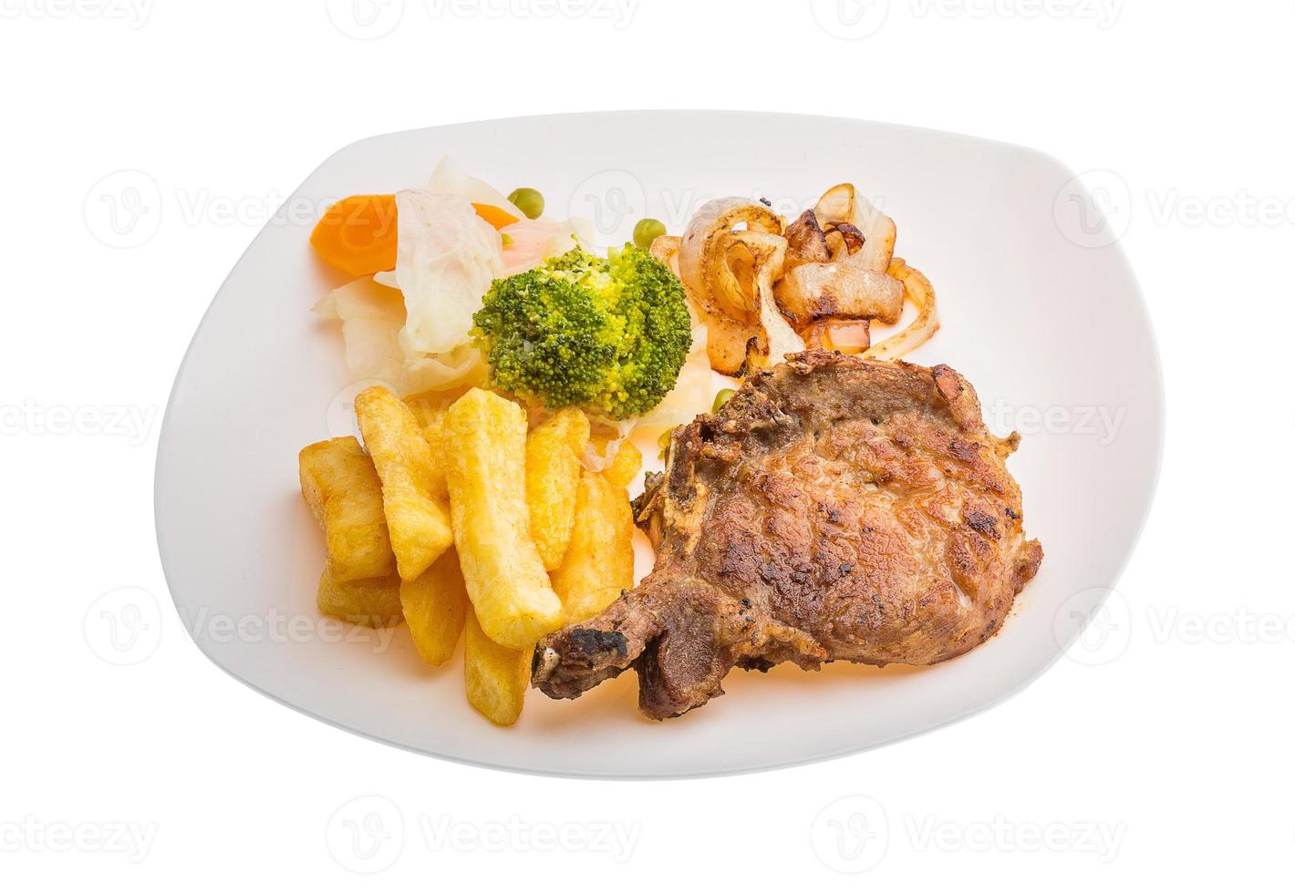 T-bone steak on the plate and white background photo