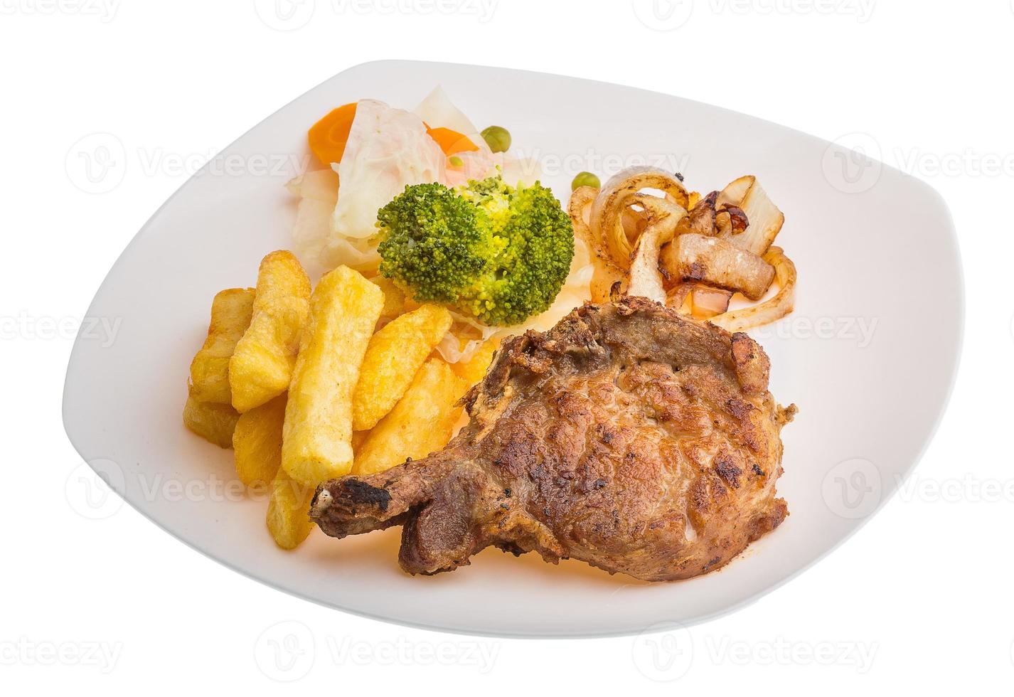 T-bone steak on the plate and white background photo