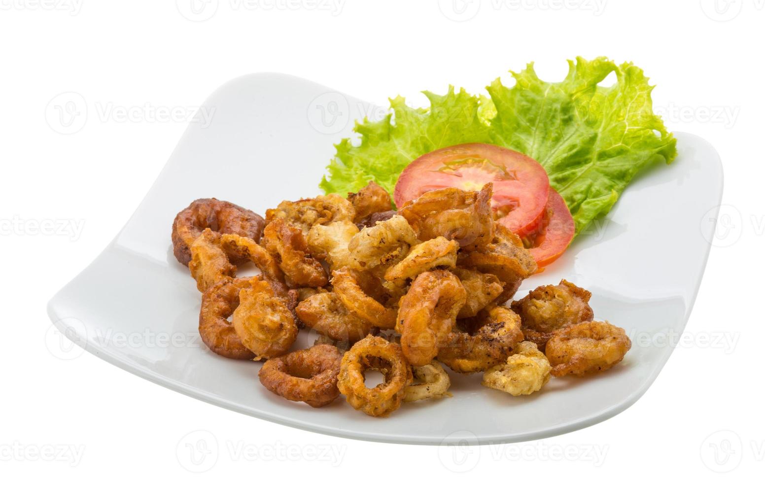Fried squid rings on the plate and white background photo