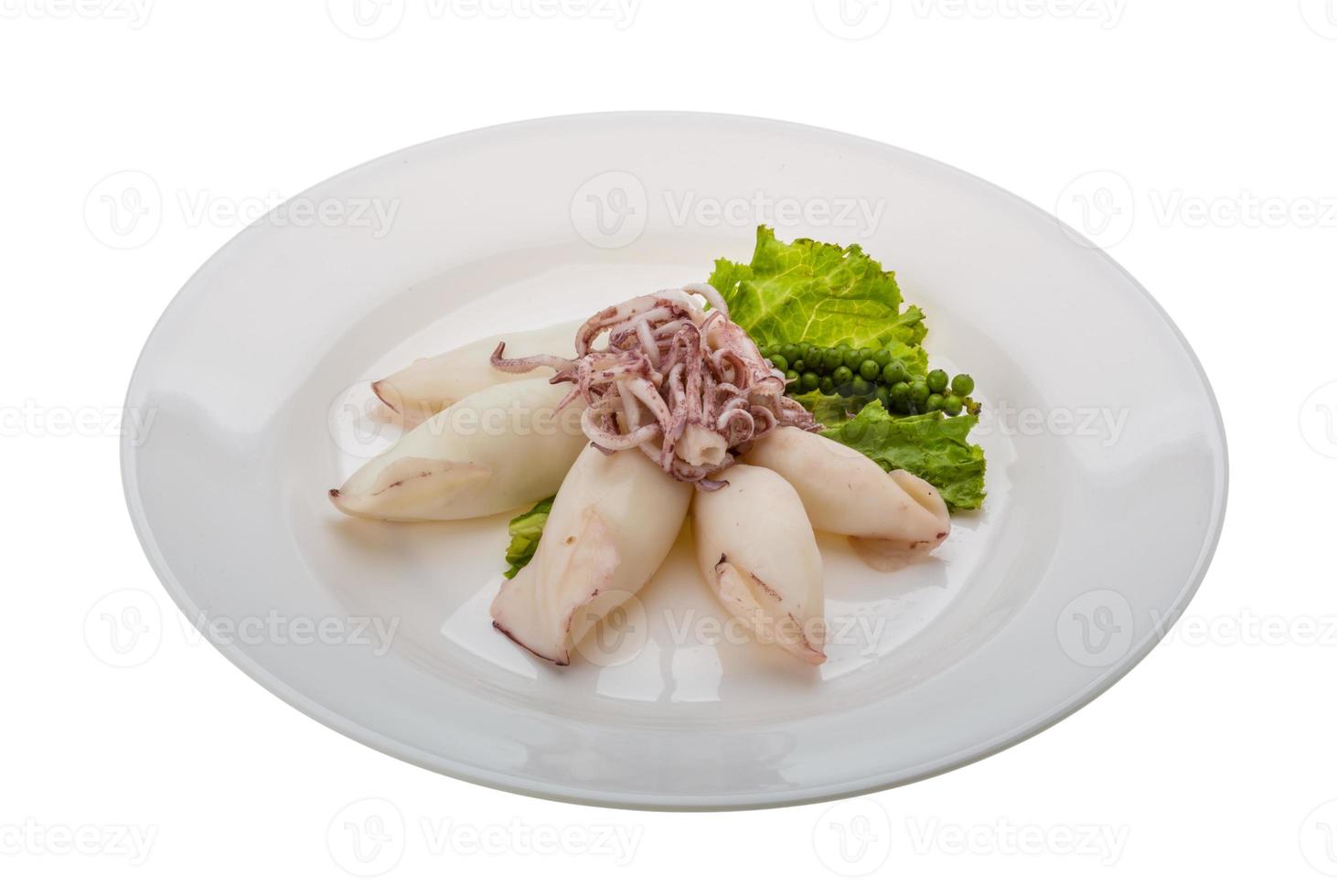 Boiled squid on the plate and white background photo