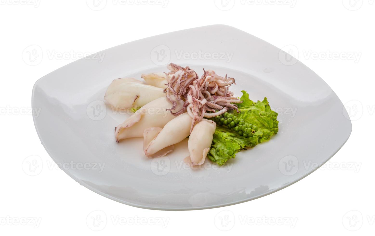Boiled squid on the plate and white background photo