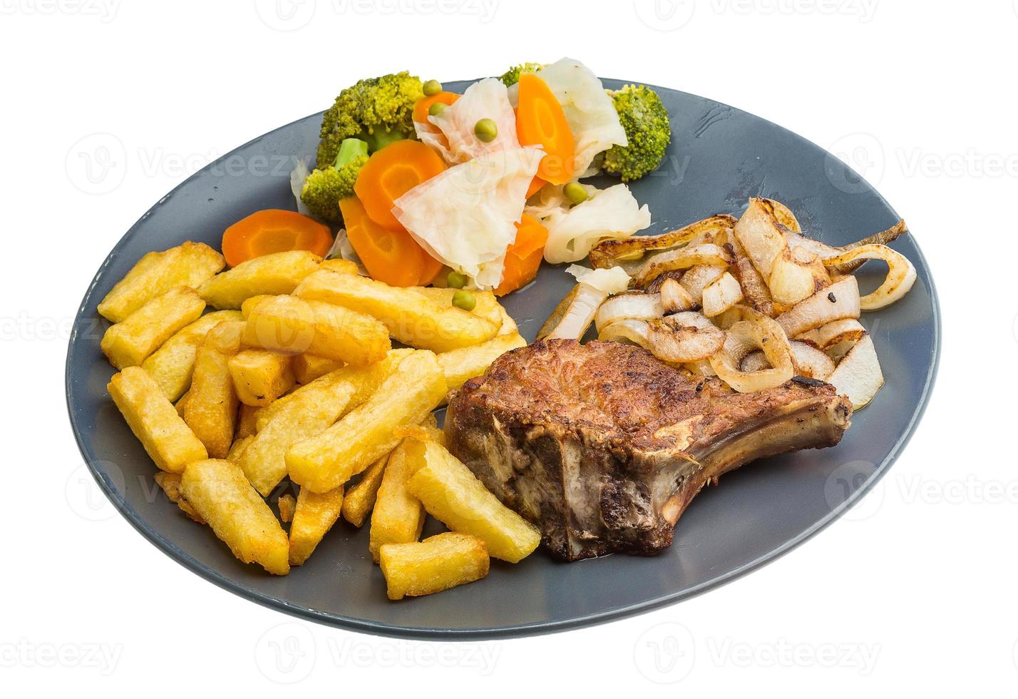 T-bone steak on the plate and white background photo