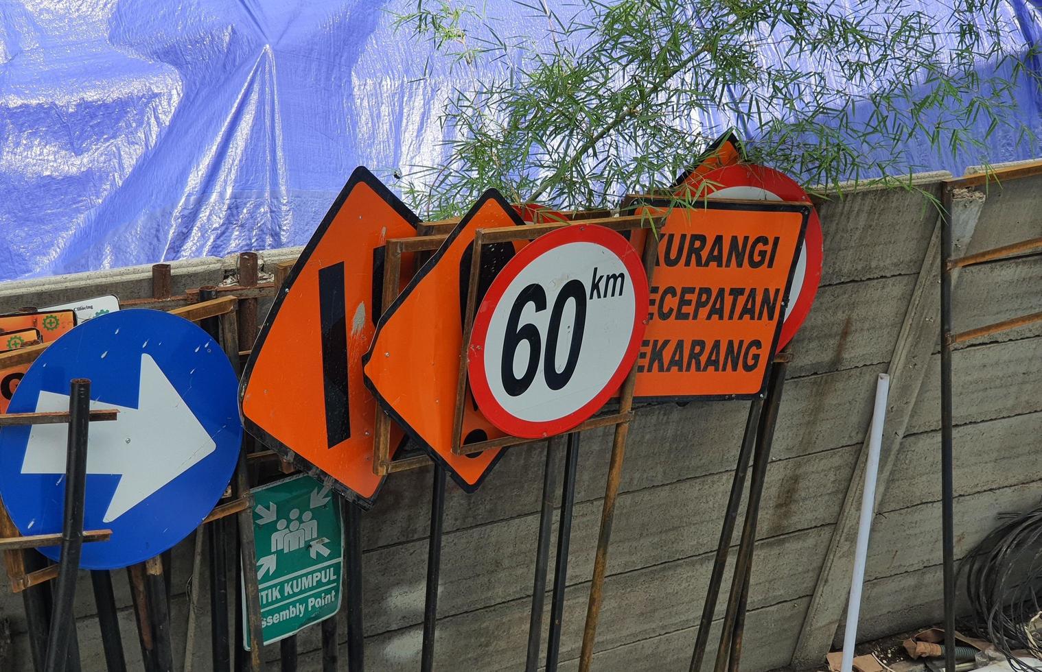 West Java, Indonesia on July 2022. Construction signs that have been fabricated but not yet installed on the construction site. photo
