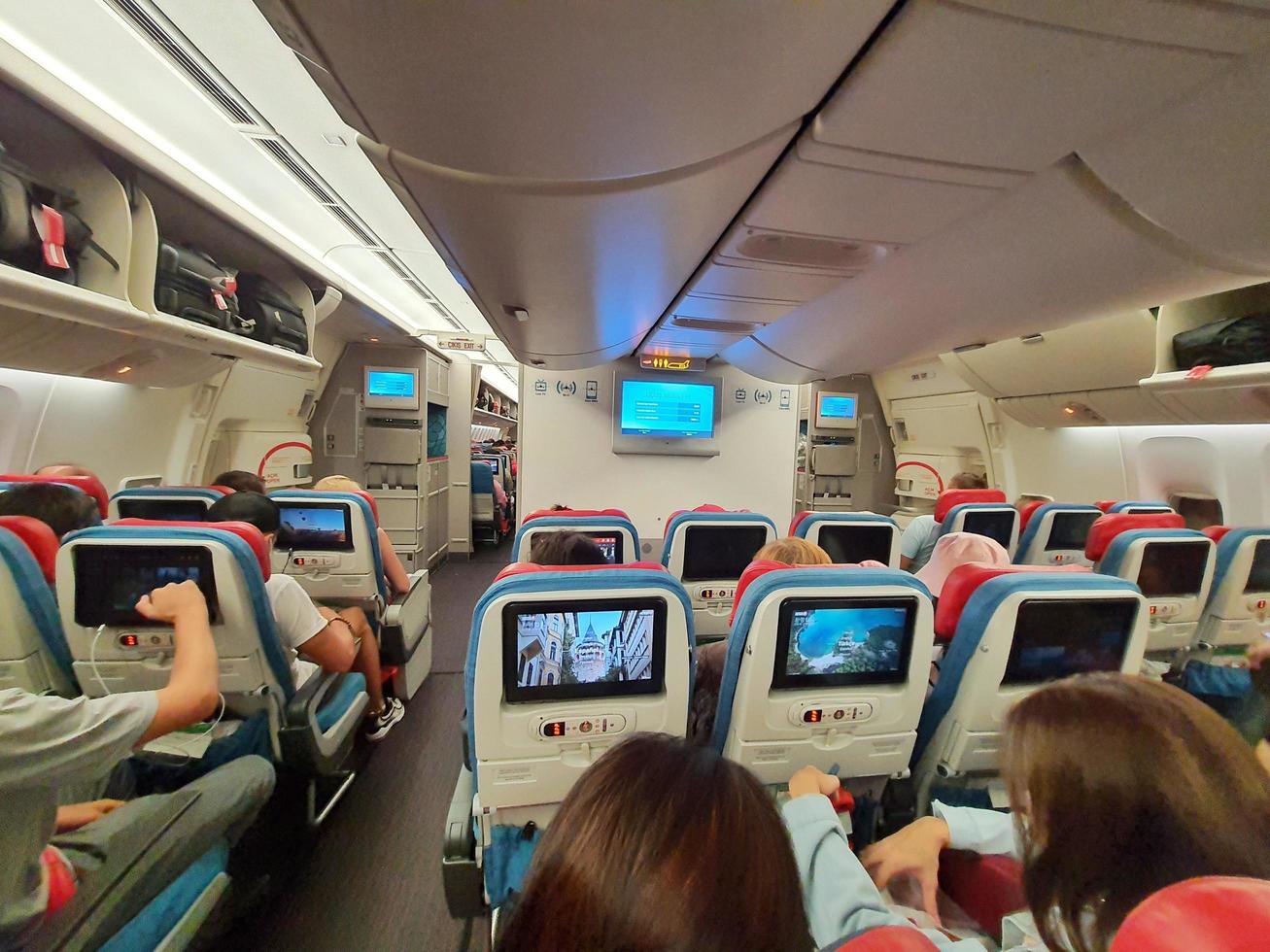 Istanbul, Turkey on July 2022. Situation from the cabin of a Turkish Airlines economy class plane where the seat consists of three parts, right, left and center. photo