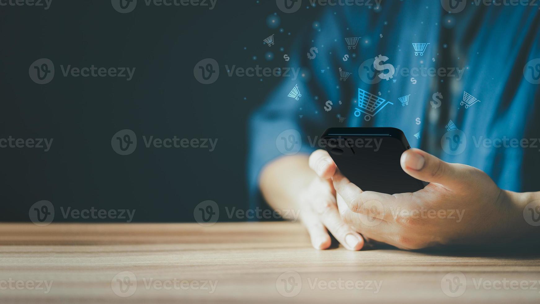 Adult man using a smartphone order in online store, shopping on internet, concept mobile smart phone app. photo