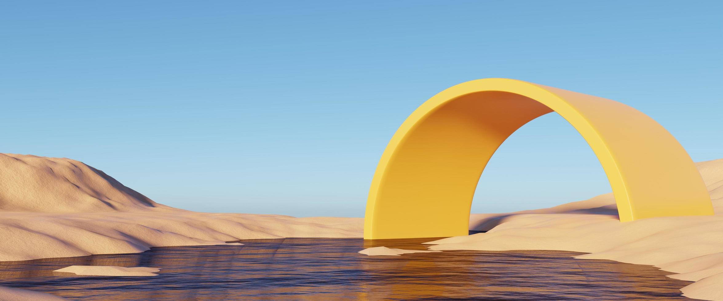Abstract Dune cliff sand with metallic Arches and clean blue sky. Surreal minimal Desert natural landscape background. Scene of Desert with glossy metallic arches geometric design. 3D Render. photo