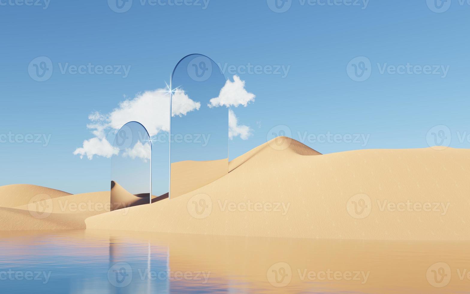 Abstract Dune cliff sand with metallic Arches and clean blue sky. Surreal minimal Desert natural landscape background. Scene of Desert with glossy metallic arches geometric design. 3D Render. photo