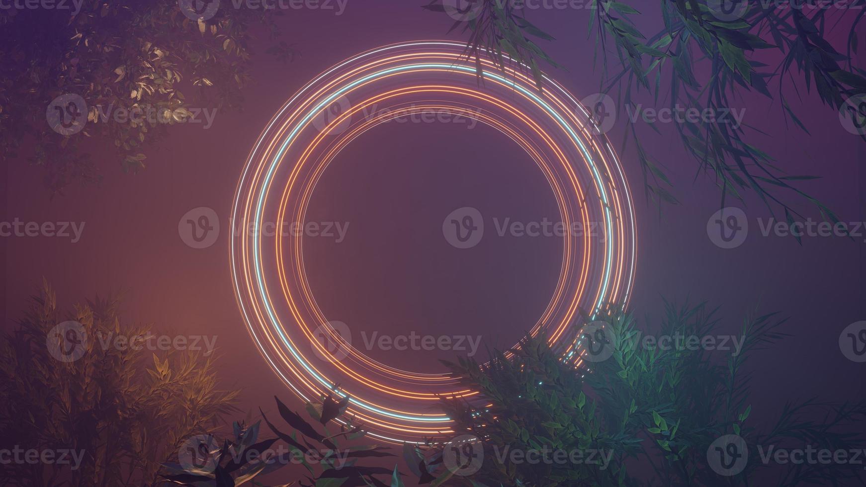 Abstract colorful neon glowing light with leaves background. Speed light illuminated. Florescent on the dark scene. Curvy moving line shape. 3D render. photo