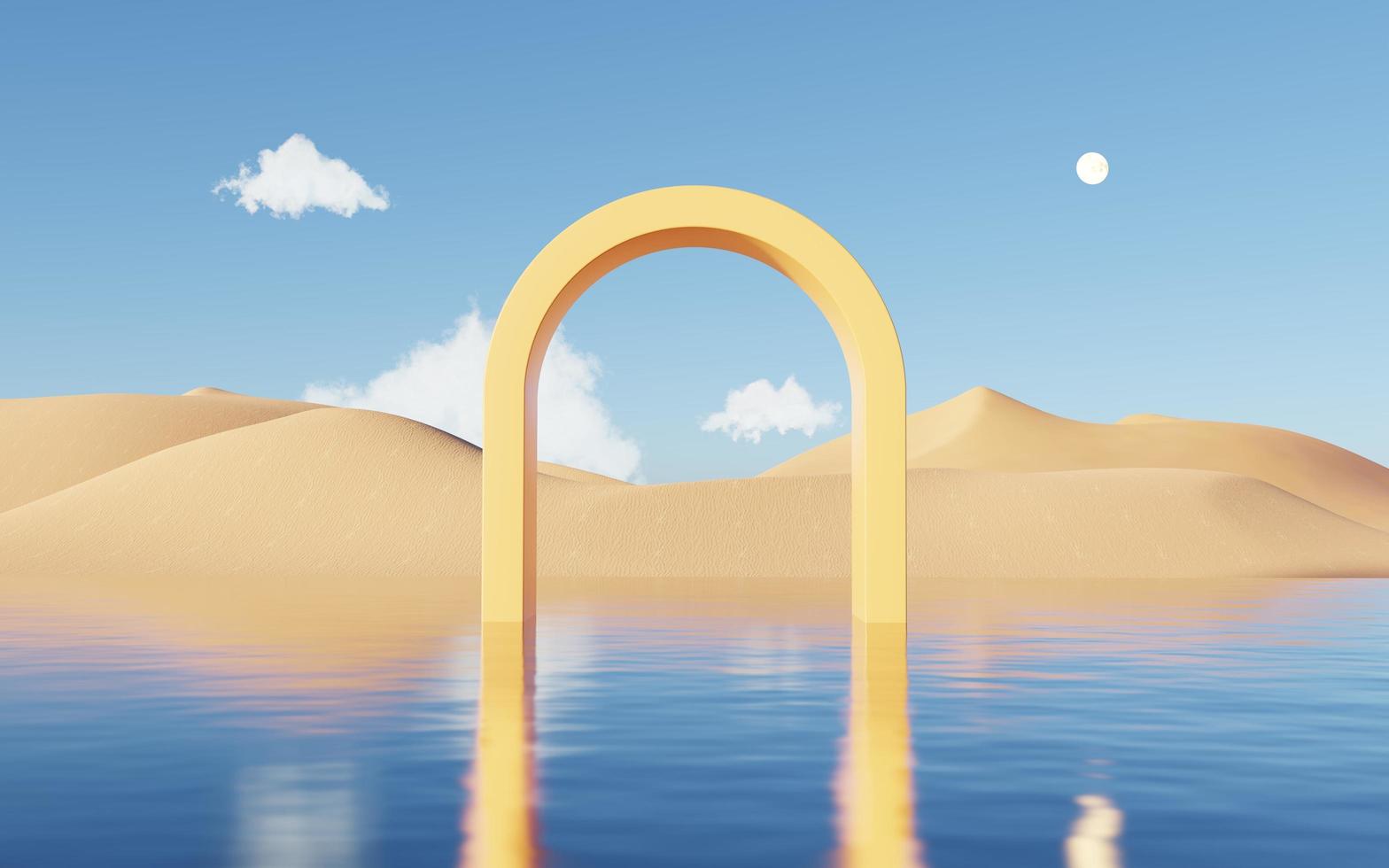 arena de acantilado de dunas abstractas con arcos metálicos y cielo azul limpio. fondo de paisaje natural del desierto mínimo surrealista. escena del desierto con diseño geométrico de arcos metálicos brillantes. procesamiento 3d foto