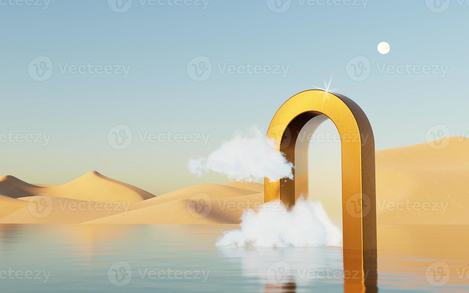 Abstract Dune cliff sand with metallic Arches and clean blue sky. Surreal minimal Desert natural landscape background. Scene of Desert with glossy metallic arches geometric design. 3D Render. photo