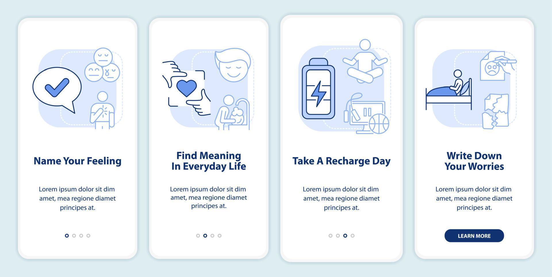 Improving mental health light blue onboarding mobile app screen. Therapy walkthrough 4 steps graphic instructions pages with linear concepts. UI, UX, GUI template. vector