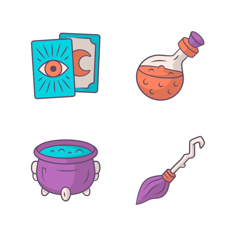 Magic color icons set. Tarot cards, potion, witch cauldron and broomstick. Witchcraft and sorcery Halloween items. Isolated vector illustrations